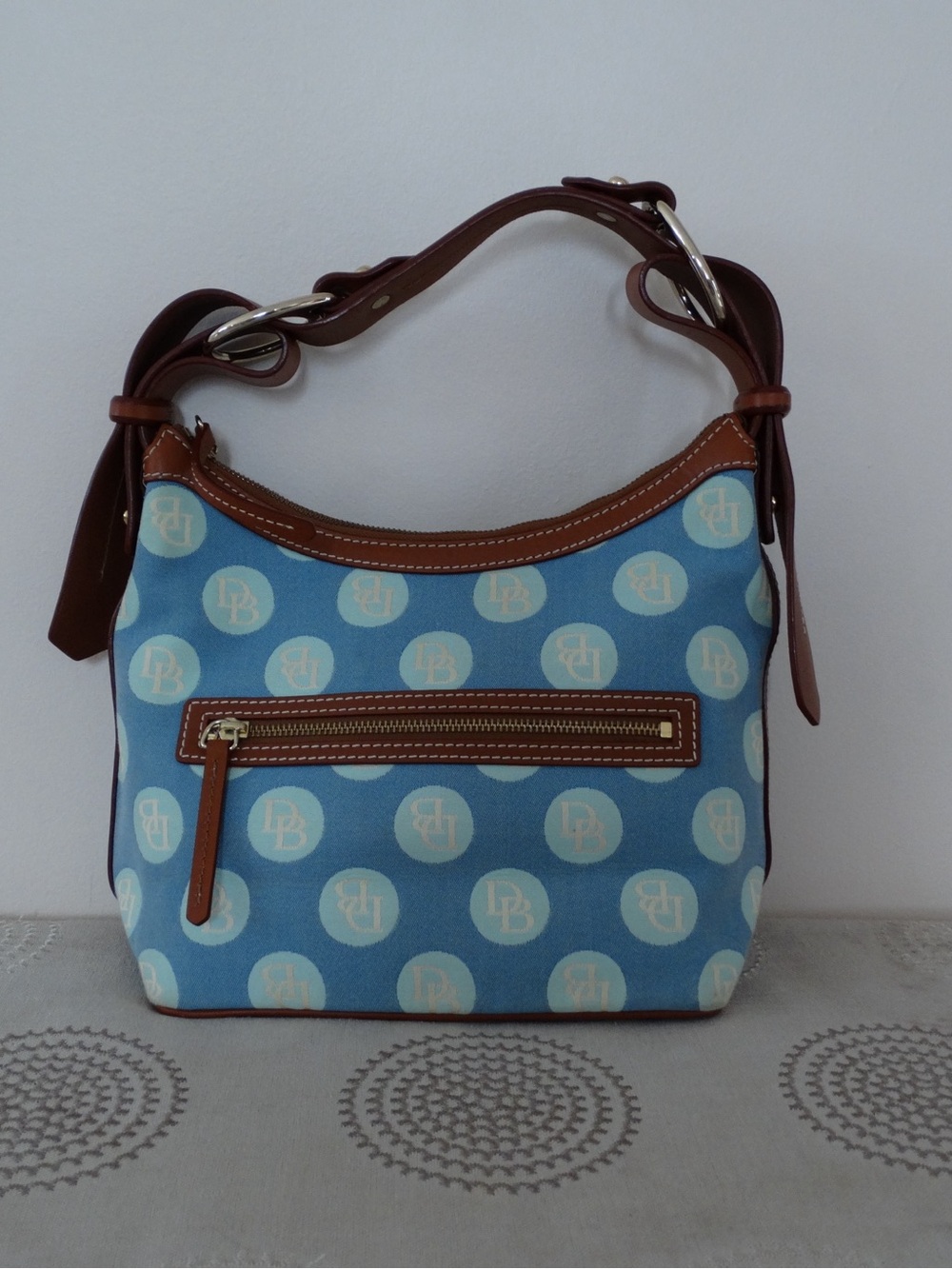 Dooney & Bourke Blue Logo-Print Shoulder Bag with Brown Leather Trim